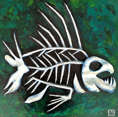 LouieFunkin Paper Mache Fish Skeleton Painting Copyright 2018 Elise McClellan Figureheadarts.com