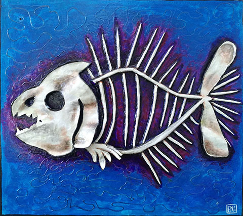 Piranha Paper Mache Fish Skeleton Painting Copyright 2018 Elise McClellan Figureheadarts.com