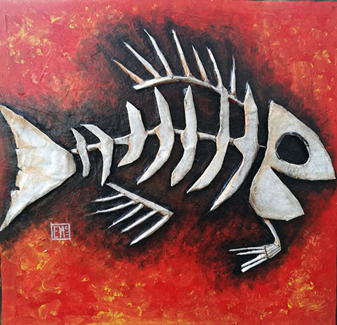 Scorch Scaleston Paper Mache Fish Skeleton Painting Copyright 2018 Elise McClellan Figureheadarts.com