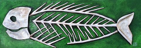 Vert Paper Mache Fish Skeleton Painting. Copyright 2018 Elise McClellan Figureheadarts.com