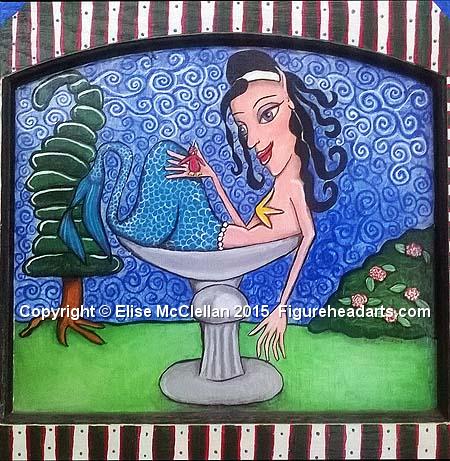 Mermaid In Bird Bath, With Red Bird. Copyright 2015 Elise McClellan Figureheadarts.com