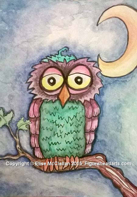 Small Watercolor Owl. Copyright 2015 Elise McClellan Figureheadarts.com